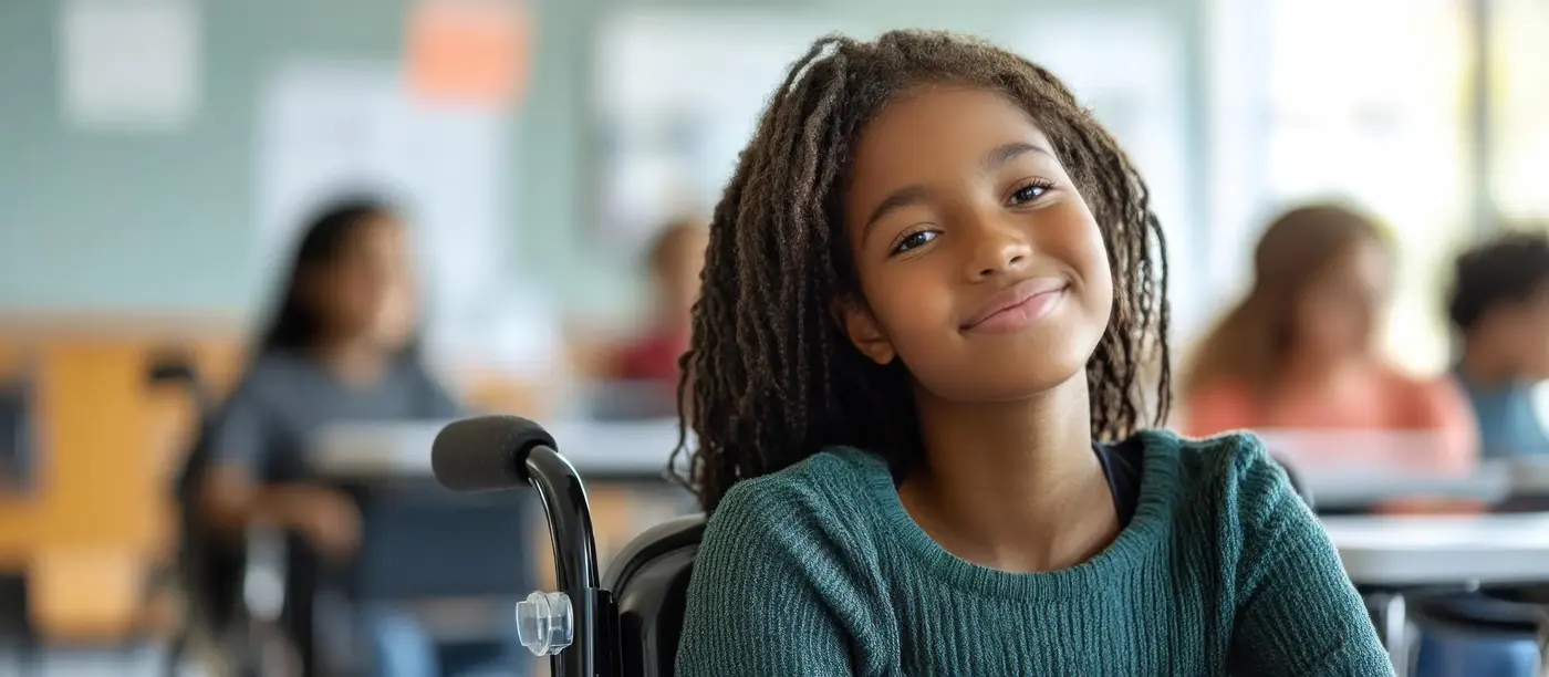 Smiling girl in a wheelchair in a classroom